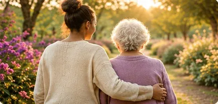 Une jeune femme et une dame âgée marchent bras dessus bras dessous dans un jardin fleuri.